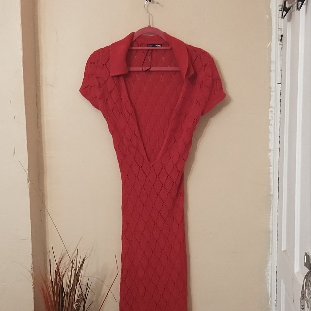 Fashion Nova Womens Red Crochet Knit V-Neck Cap Sleeve Maxi Dress Size M